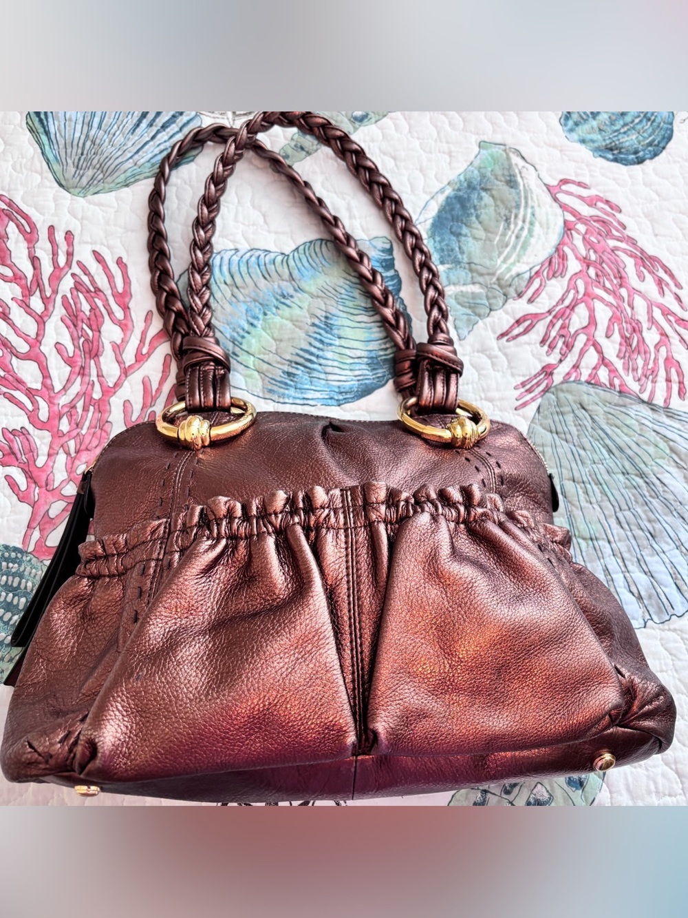 b. makowsky Metallic Brown Braided-Handle Shoulder Bag